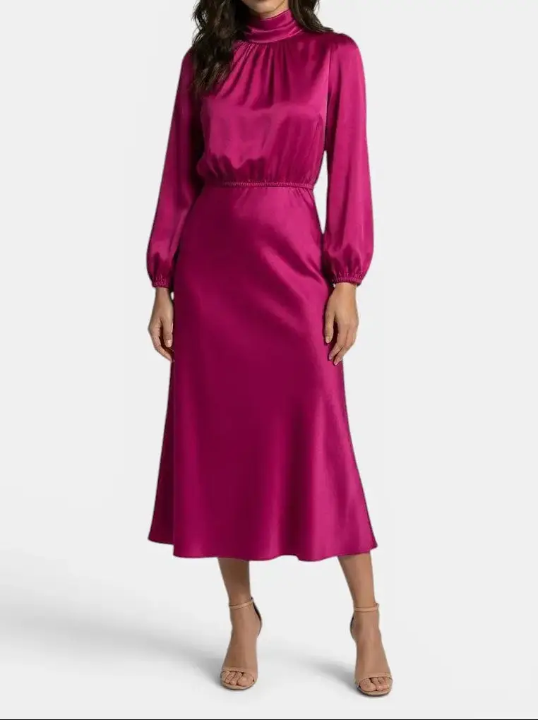 Women's Elegant High Neck Midi Dress | Sophisticated Long Sleeve Cocktail Gown