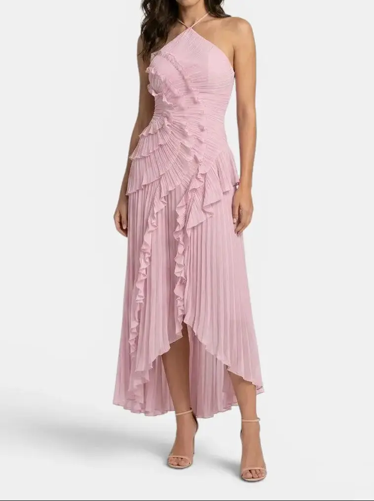 Women's Pleated Fabric Maxi Dress | Elegant Ruffled Halter Summer Gown