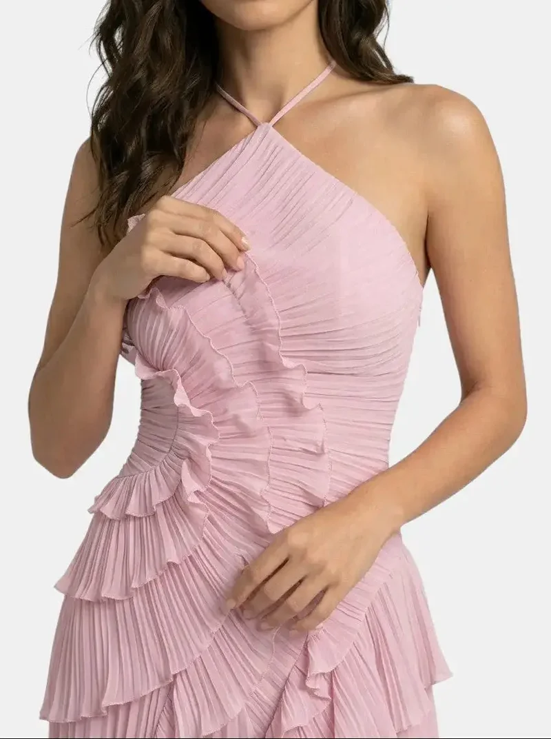 Women's Pleated Fabric Maxi Dress | Elegant Ruffled Halter Summer Gown
