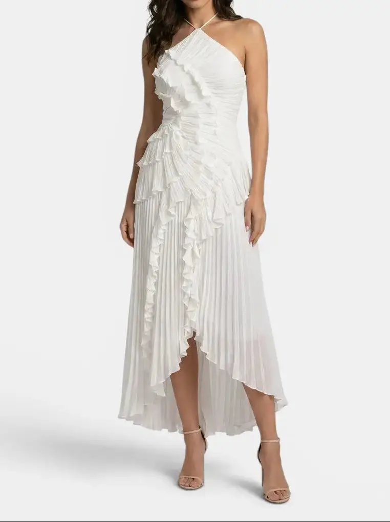 Women's Pleated Fabric Maxi Dress | Elegant Ruffled Halter Summer Gown