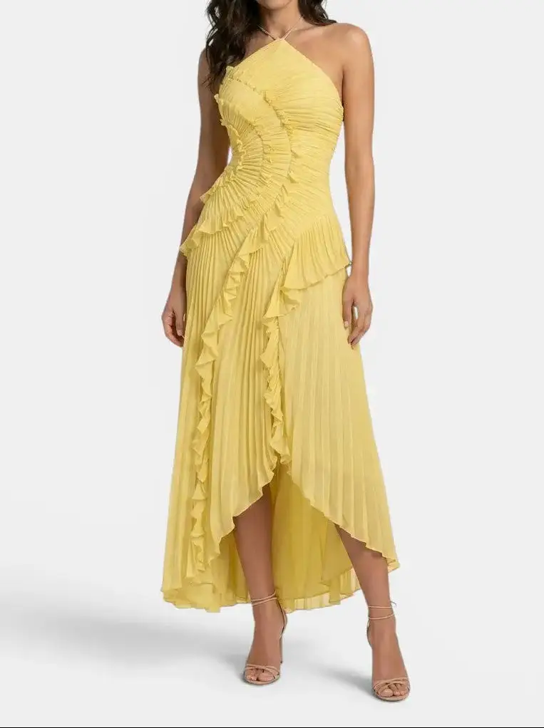 Women's Pleated Fabric Maxi Dress | Elegant Ruffled Halter Summer Gown