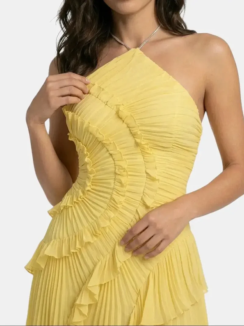 Women's Pleated Fabric Maxi Dress | Elegant Ruffled Halter Summer Gown