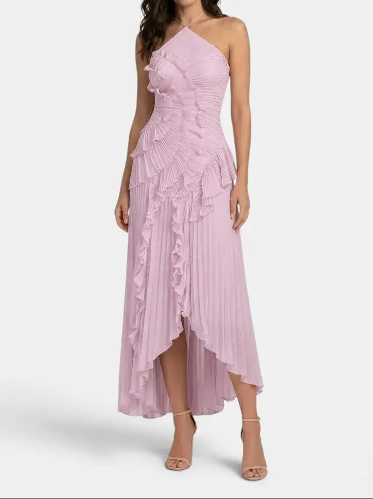 Women's Pleated Fabric Maxi Dress | Elegant Ruffled Halter Summer Gown