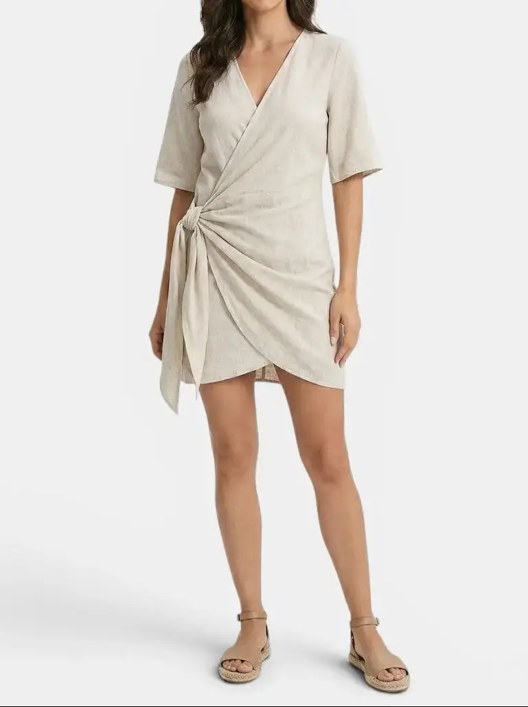 Women's Linen Blend Wrap Mini Dress | Elegant Asymmetrical Hem Summer Outfit