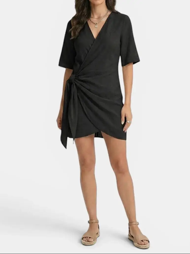 Women's Linen Blend Wrap Mini Dress | Elegant Asymmetrical Hem Summer Outfit