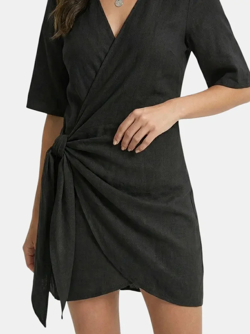 Women's Linen Blend Wrap Mini Dress | Elegant Asymmetrical Hem Summer Outfit