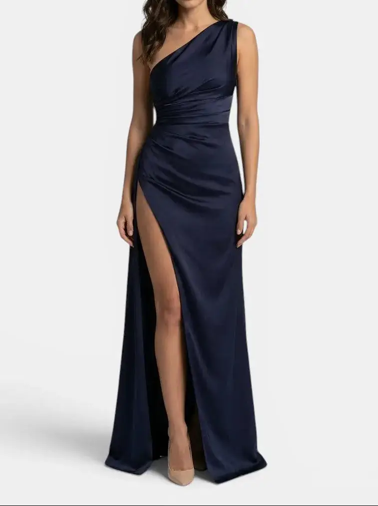 Women's Satin Asymmetric Evening Maxi Dress | Elegant One-Shoulder Formal Gown