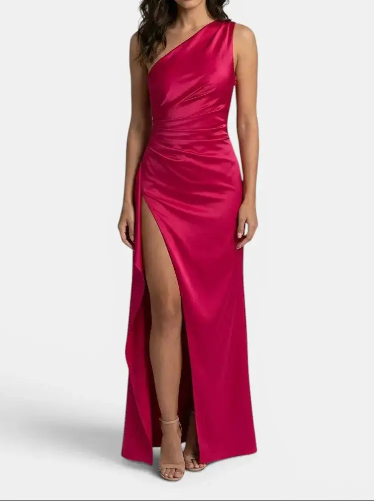 Women's Satin Asymmetric Evening Maxi Dress | Elegant One-Shoulder Formal Gown
