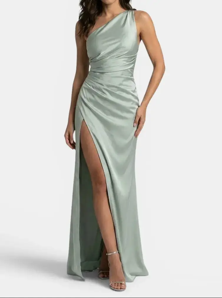 Women's Satin Asymmetric Evening Maxi Dress | Elegant One-Shoulder Formal Gown
