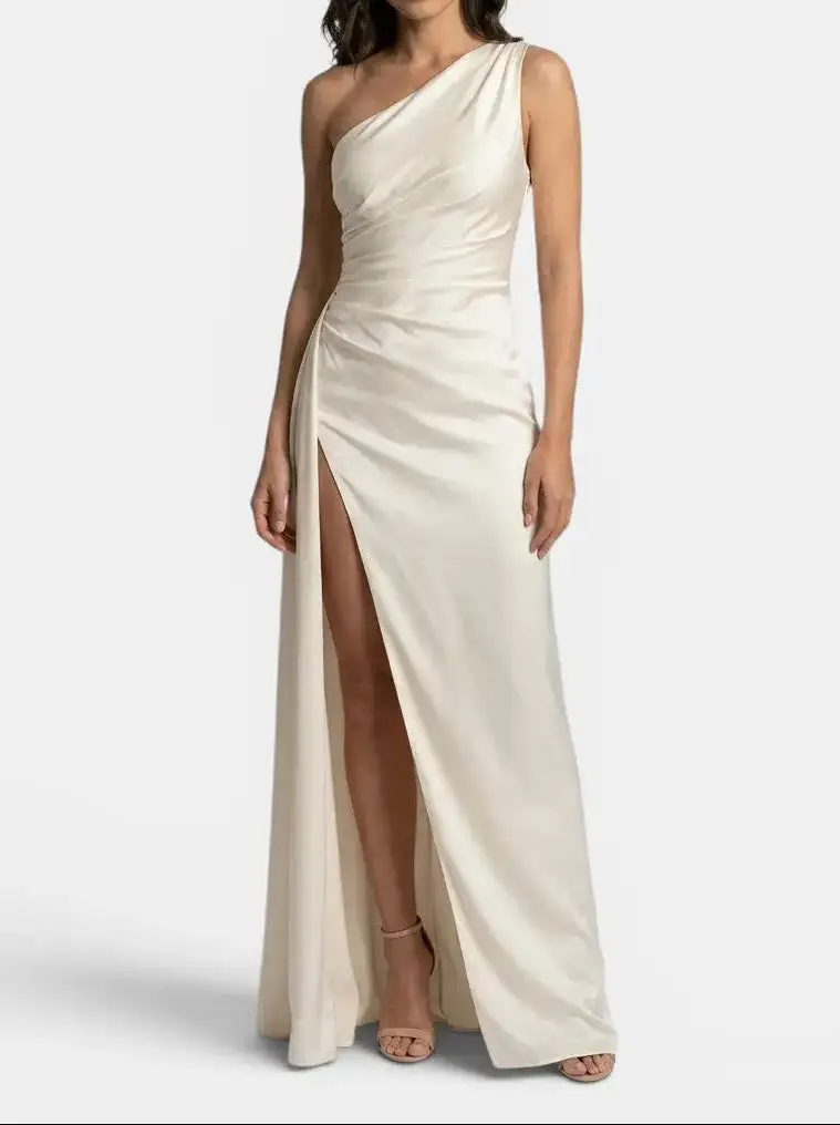 Women's Satin Asymmetric Evening Maxi Dress | Elegant One-Shoulder Formal Gown