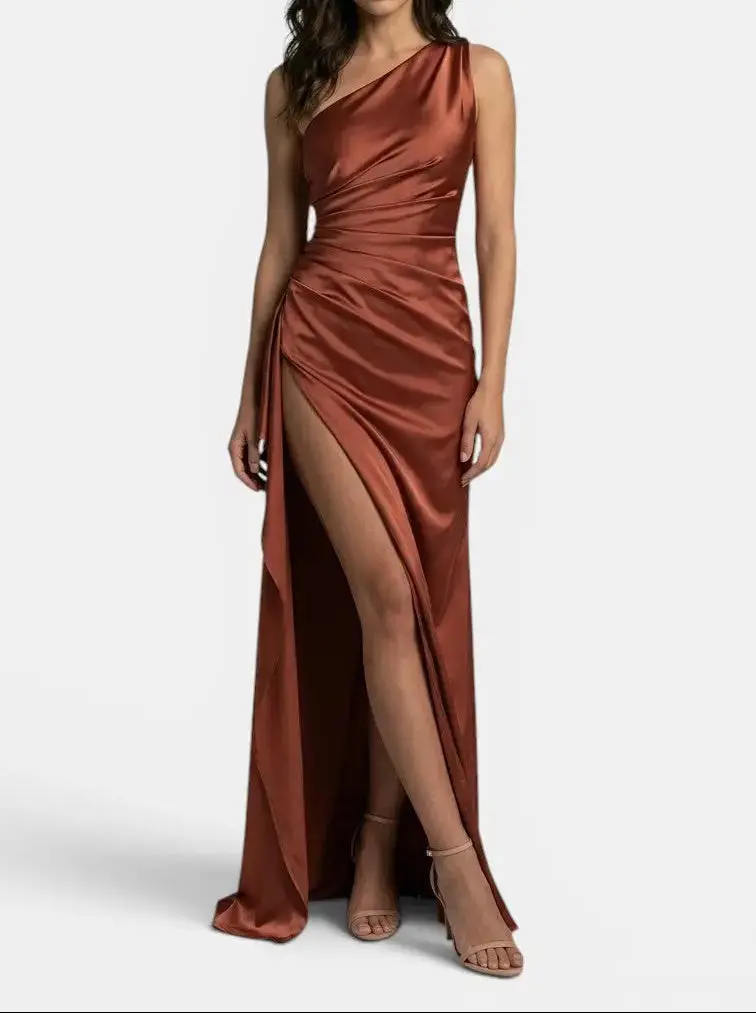 Women's Satin Asymmetric Evening Maxi Dress | Elegant One-Shoulder Formal Gown