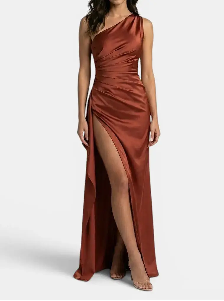 Women's Satin Asymmetric Evening Maxi Dress | Elegant One-Shoulder Formal Gown