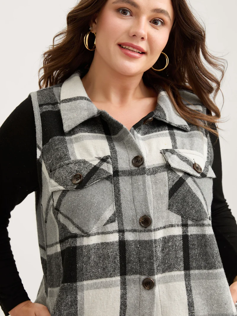 Plaid Flap Detail Sleeveless Jacket