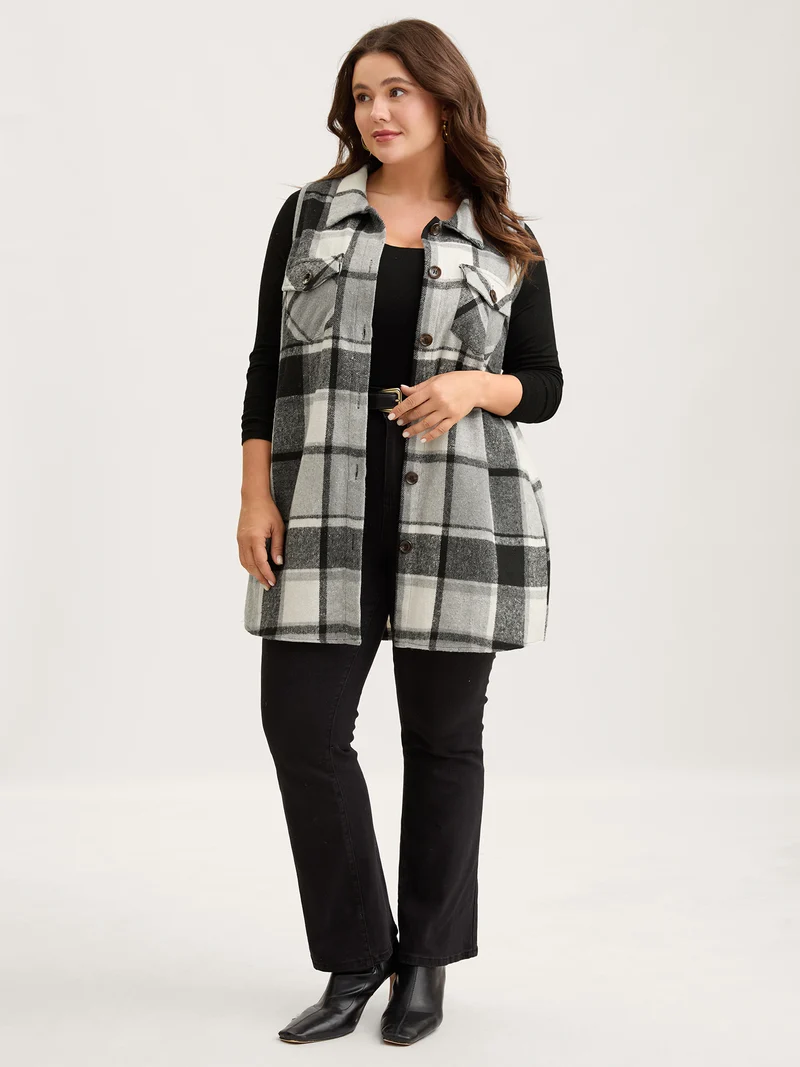 Plaid Flap Detail Sleeveless Jacket