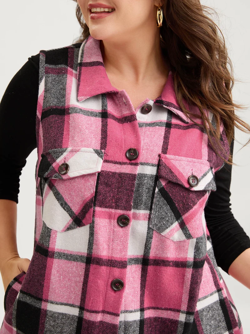 Plaid Flap Detail Sleeveless Jacket