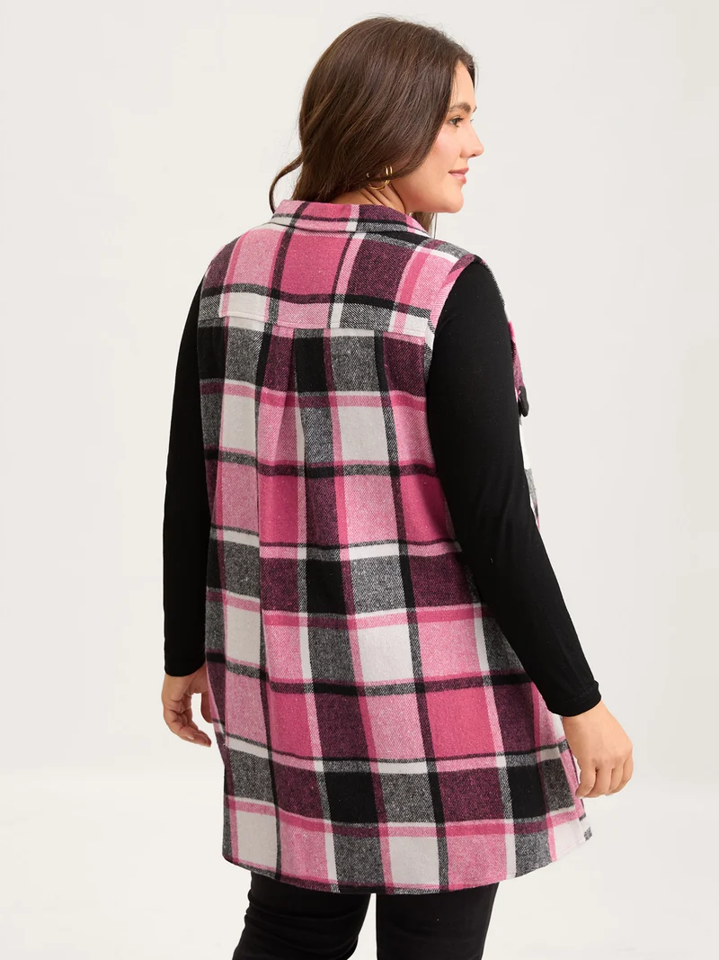 Plaid Flap Detail Sleeveless Jacket