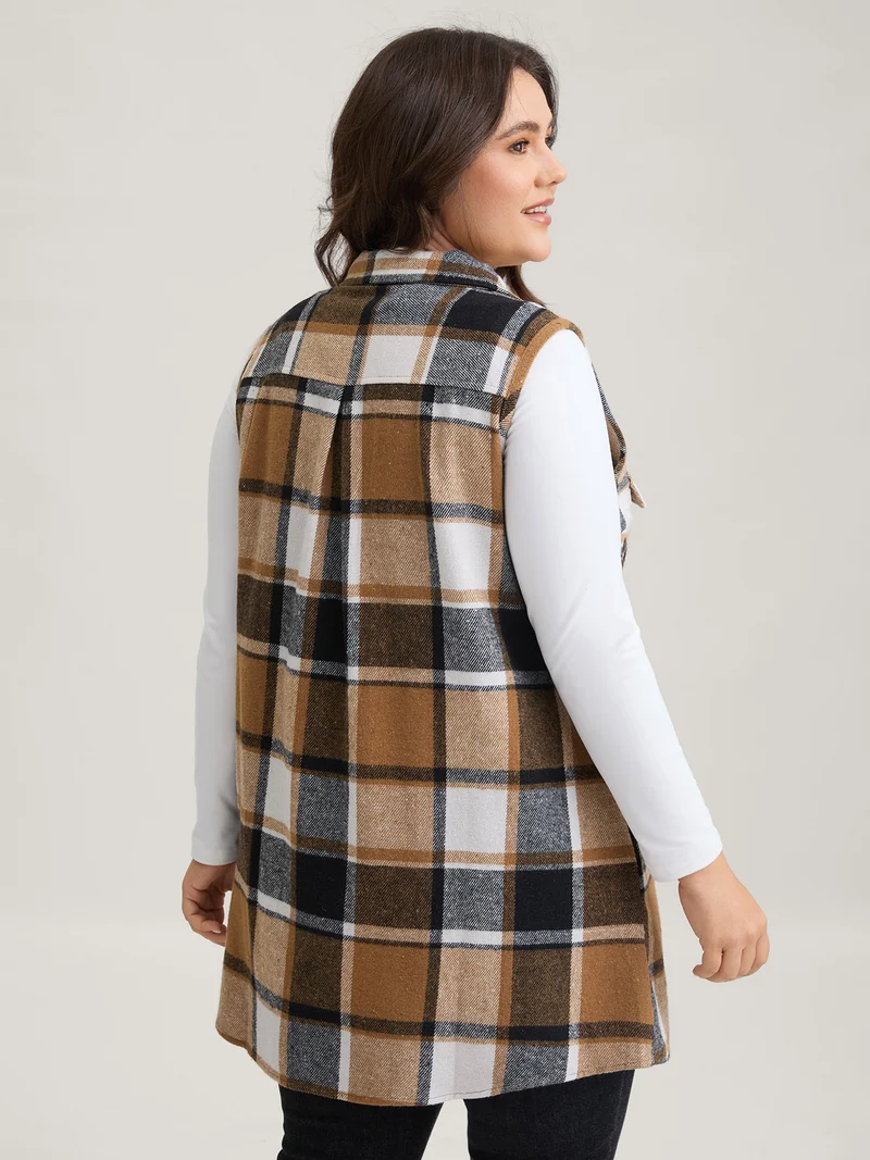 Plaid Flap Detail Sleeveless Jacket