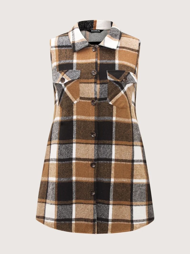 Plaid Flap Detail Sleeveless Jacket