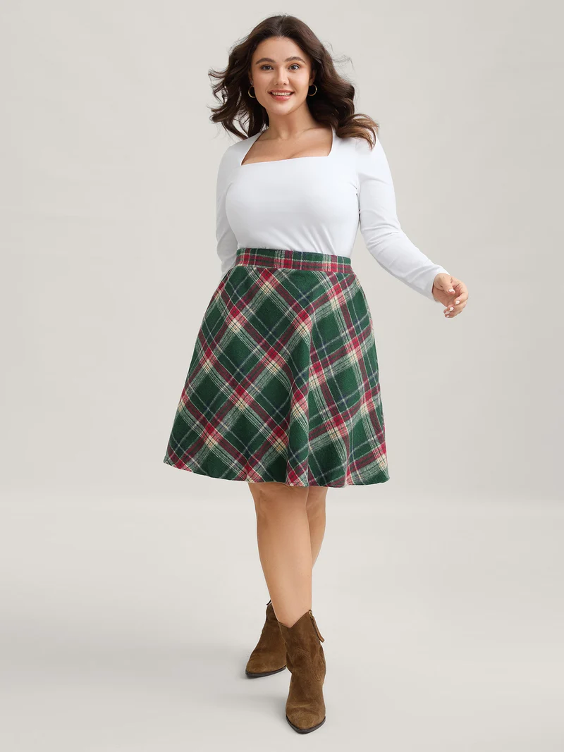 Plaid Pattern Elastic Waist A-line Mini Skirt