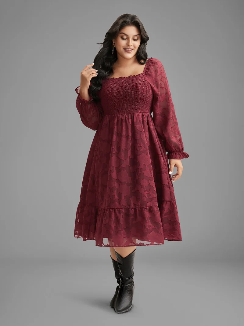 Jacquard Texture Square Neck Midi Dress