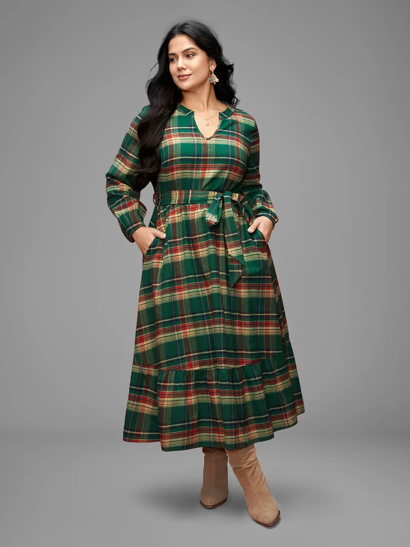 Festive Notched Collar Plaid Dress