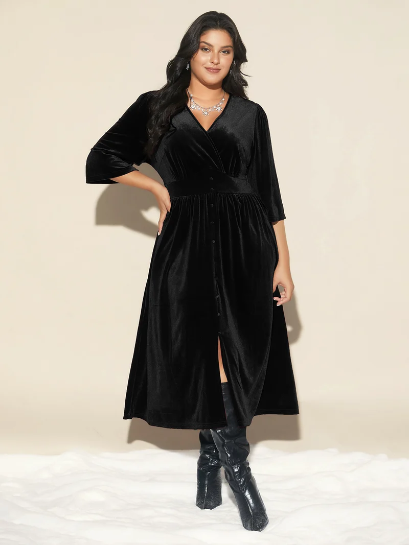 Velvet Ruched Surplice Neckline Midi Dress