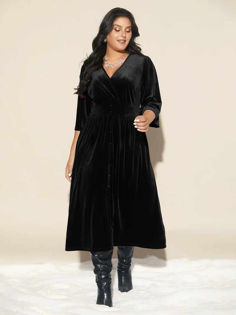 Velvet Ruched Surplice Neckline Midi Dress