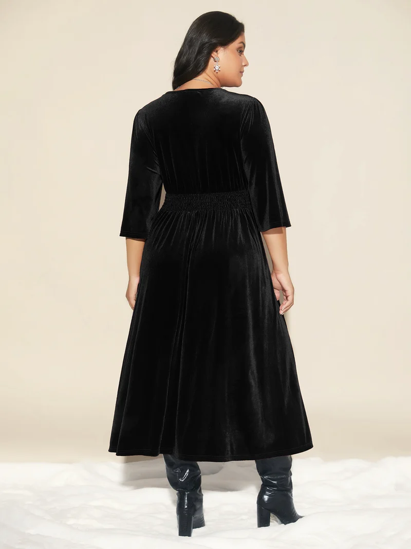 Velvet Ruched Surplice Neckline Midi Dress