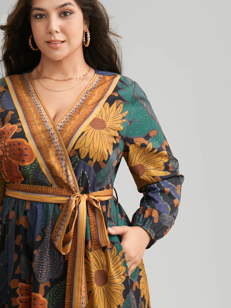 Boho Print Belted Lantern Sleeve Dress