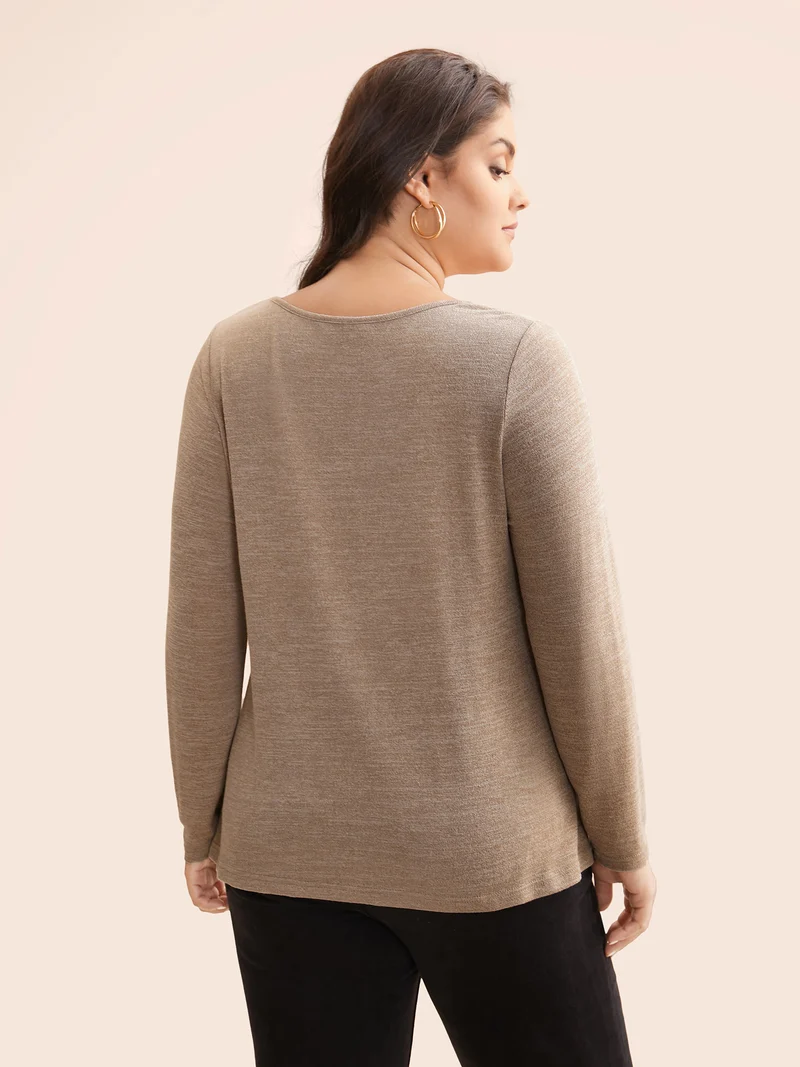 Heather Square Neck Button Detail T-shirt