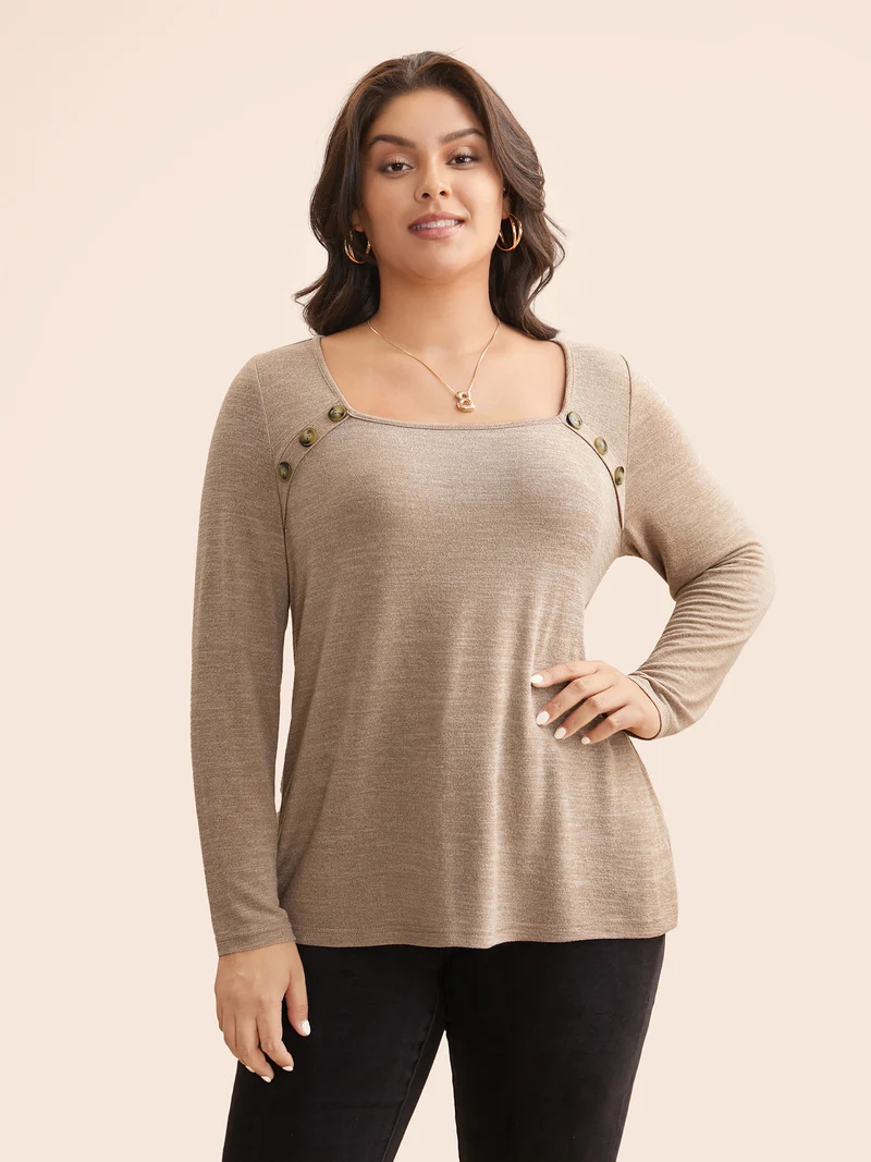 Heather Square Neck Button Detail T-shirt