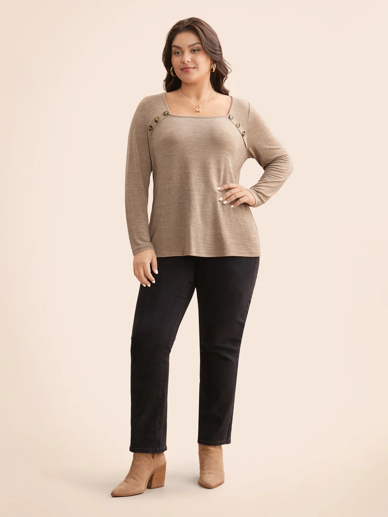 Heather Square Neck Button Detail T-shirt