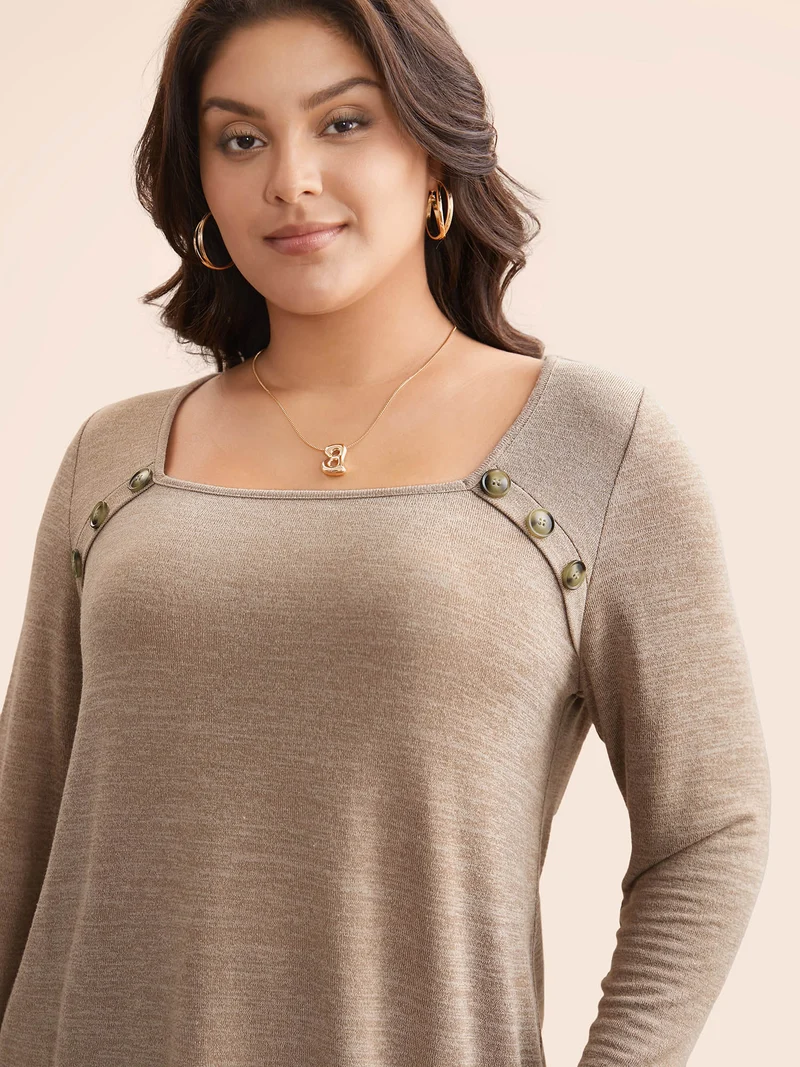 Heather Square Neck Button Detail T-shirt
