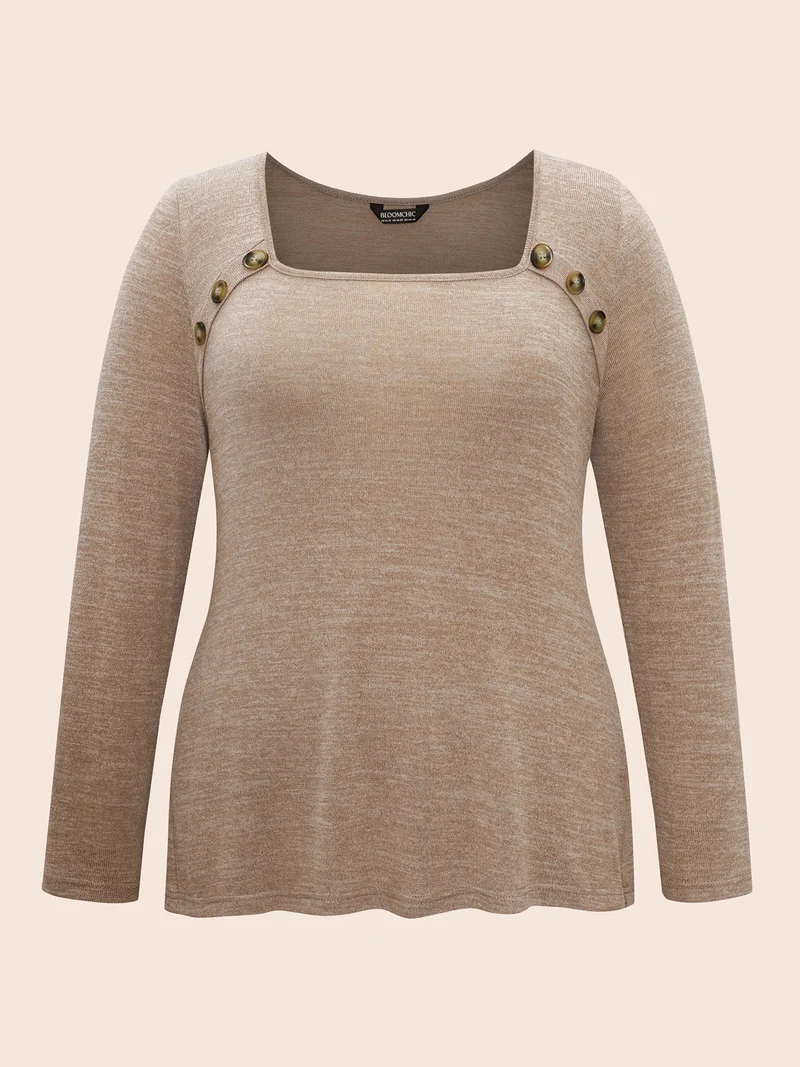 Heather Square Neck Button Detail T-shirt