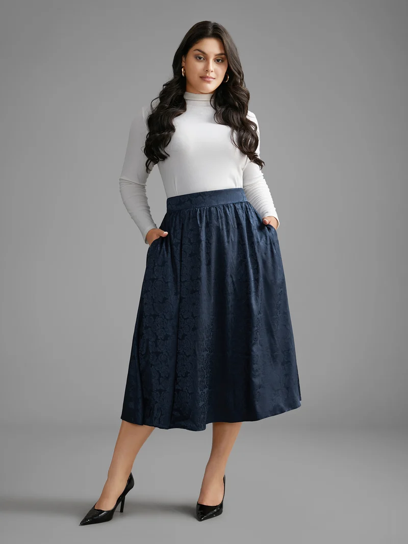 Textured Floral Elastic Waist Pocket Skirt