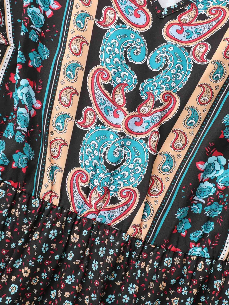 Boho Print V Neck Elastic Waist Dress