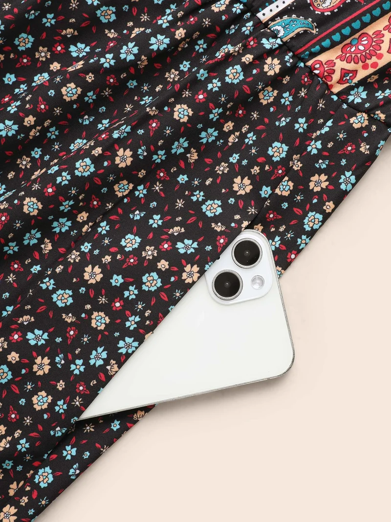 Boho Print V Neck Elastic Waist Dress