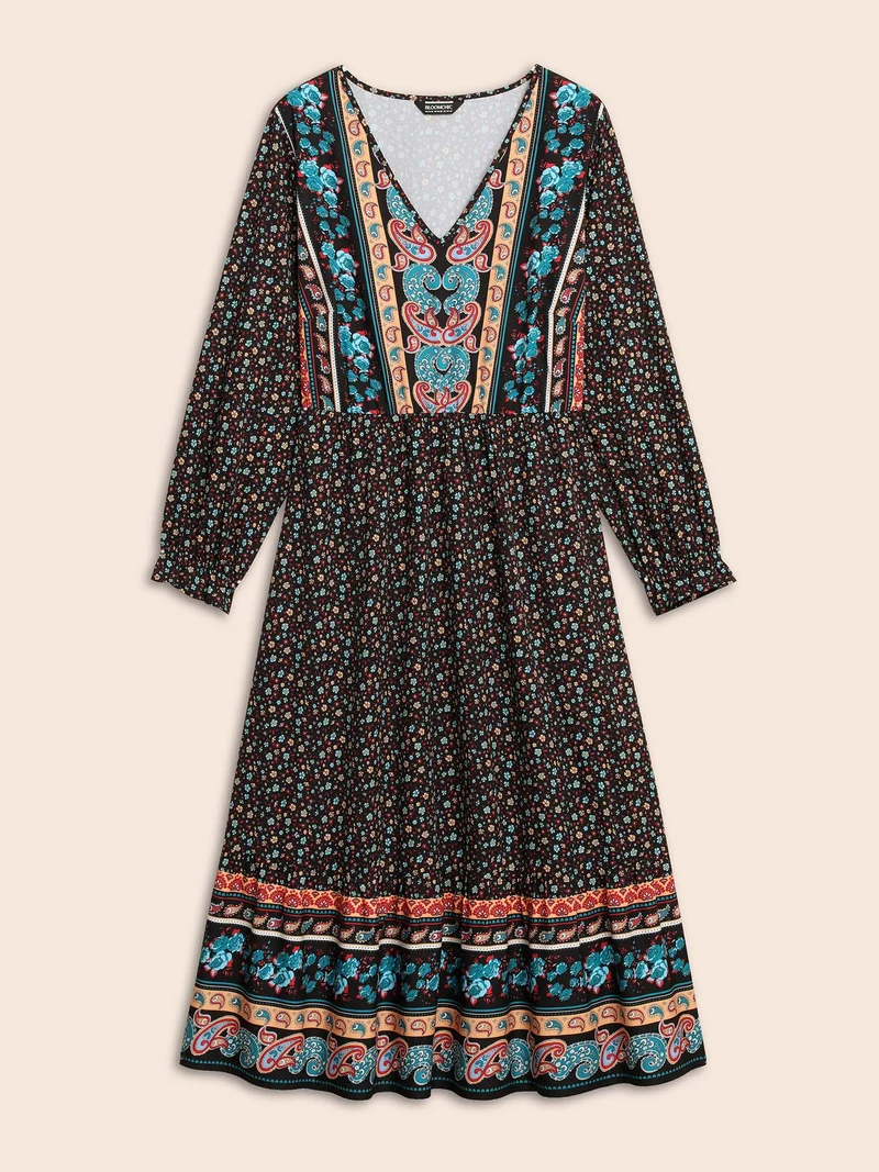 Boho Print V Neck Elastic Waist Dress