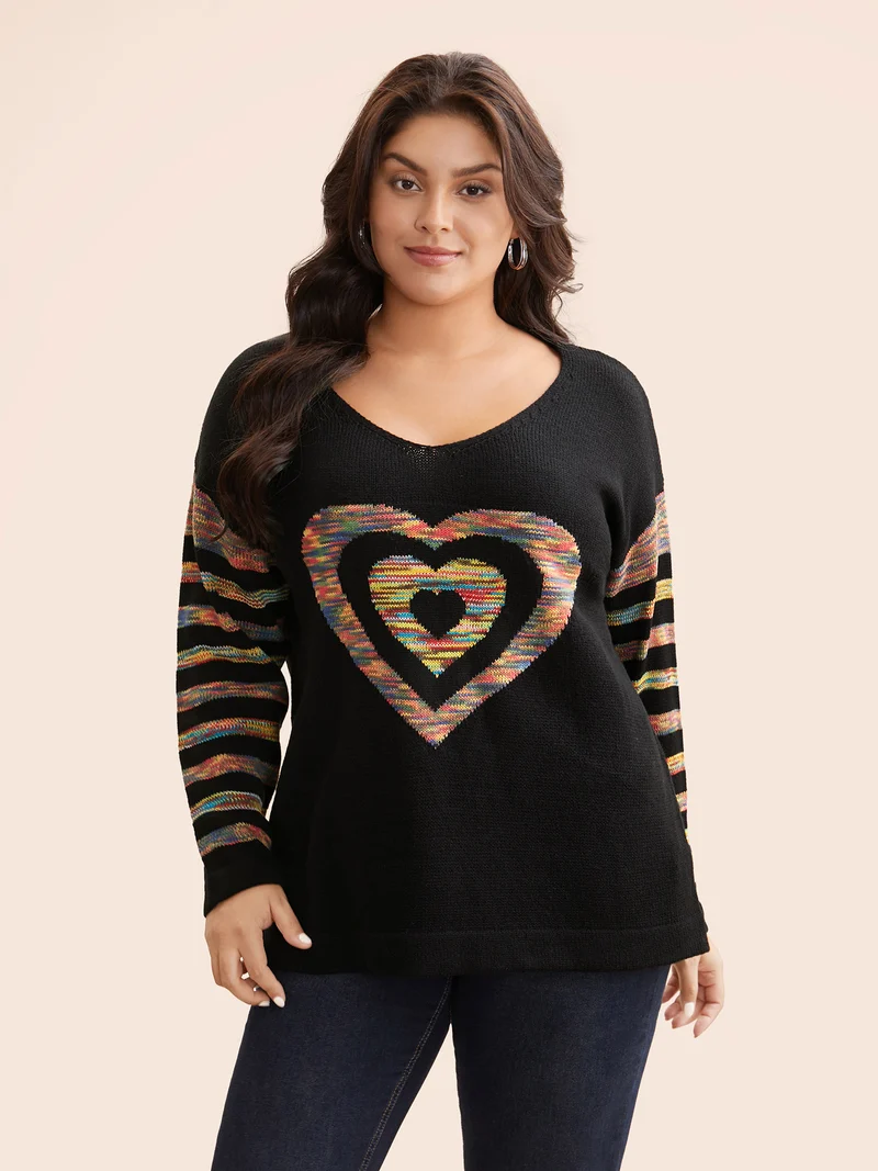 Contrast Heart Jacquard Drop Shoulder Pullover