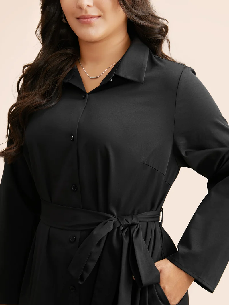Shirt Collar Curved Hem Midi Dress