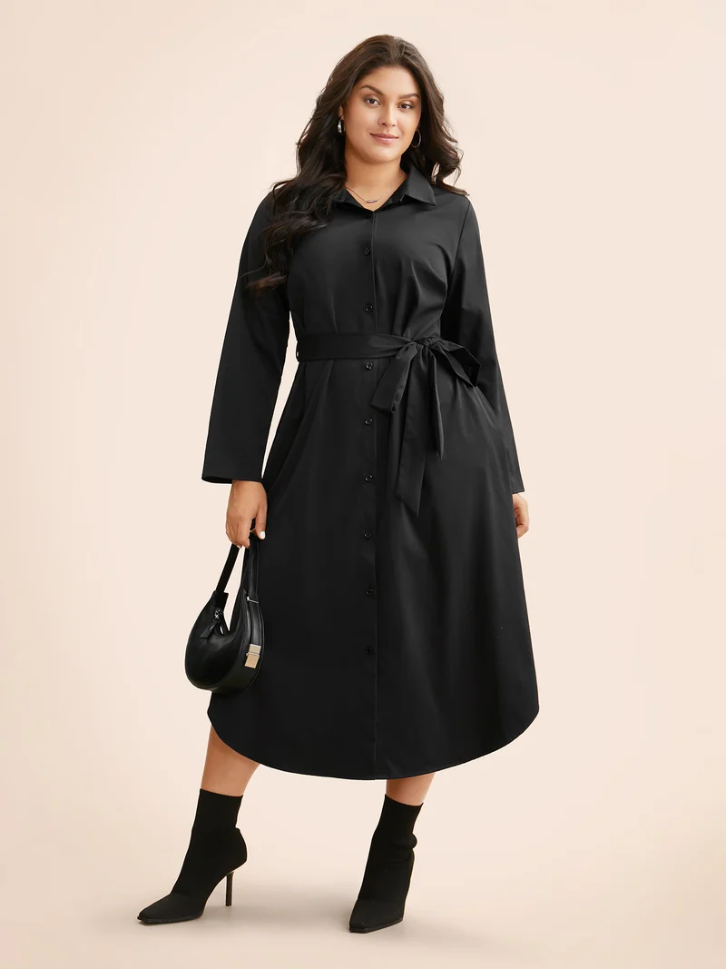 Shirt Collar Curved Hem Midi Dress
