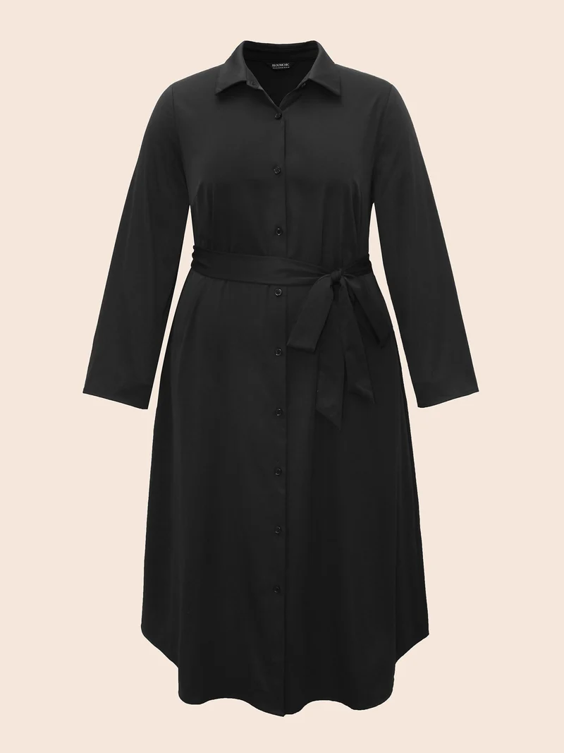 Shirt Collar Curved Hem Midi Dress
