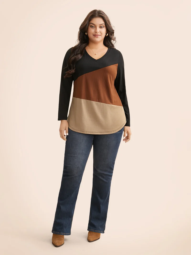V Neck Contrast Patchwork Rib Knit T-shirt