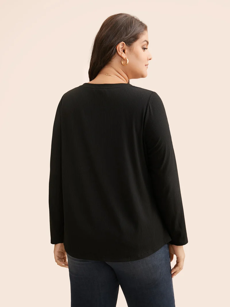 V Neck Contrast Patchwork Rib Knit T-shirt