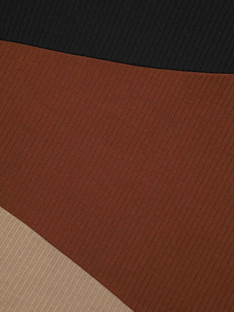 V Neck Contrast Patchwork Rib Knit T-shirt
