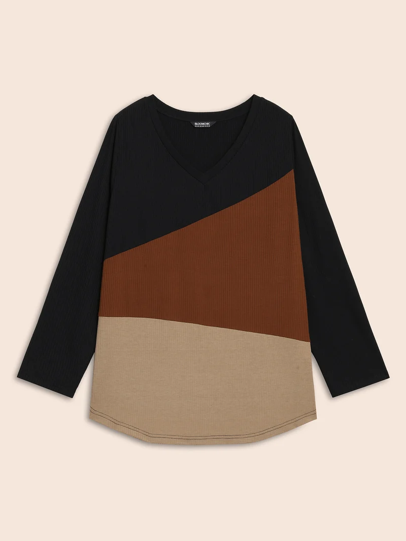 V Neck Contrast Patchwork Rib Knit T-shirt