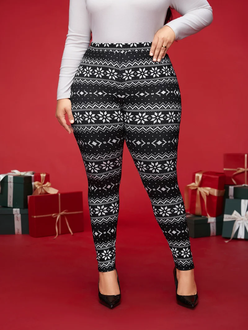 Snowflakes Printed High-Waist Stretchy Leggings
