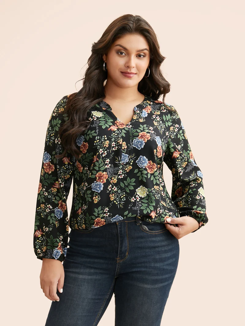 Floral Notched Pleated Lantern Sleeve Blouse