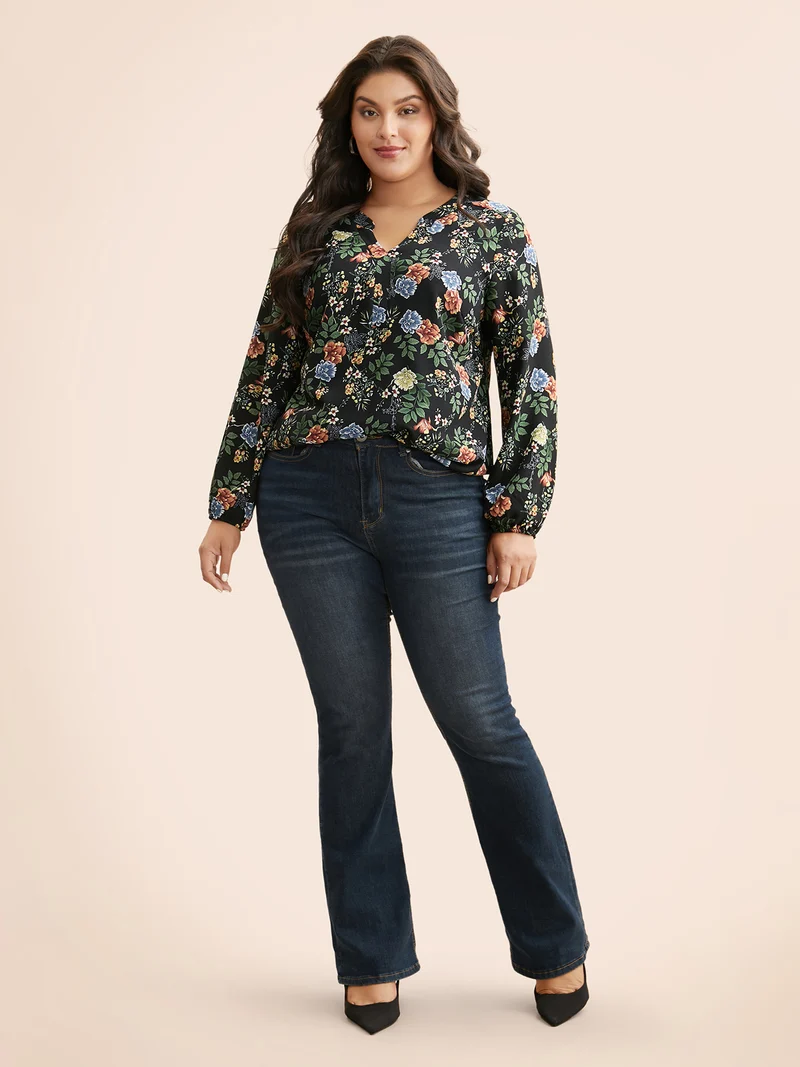 Floral Notched Pleated Lantern Sleeve Blouse