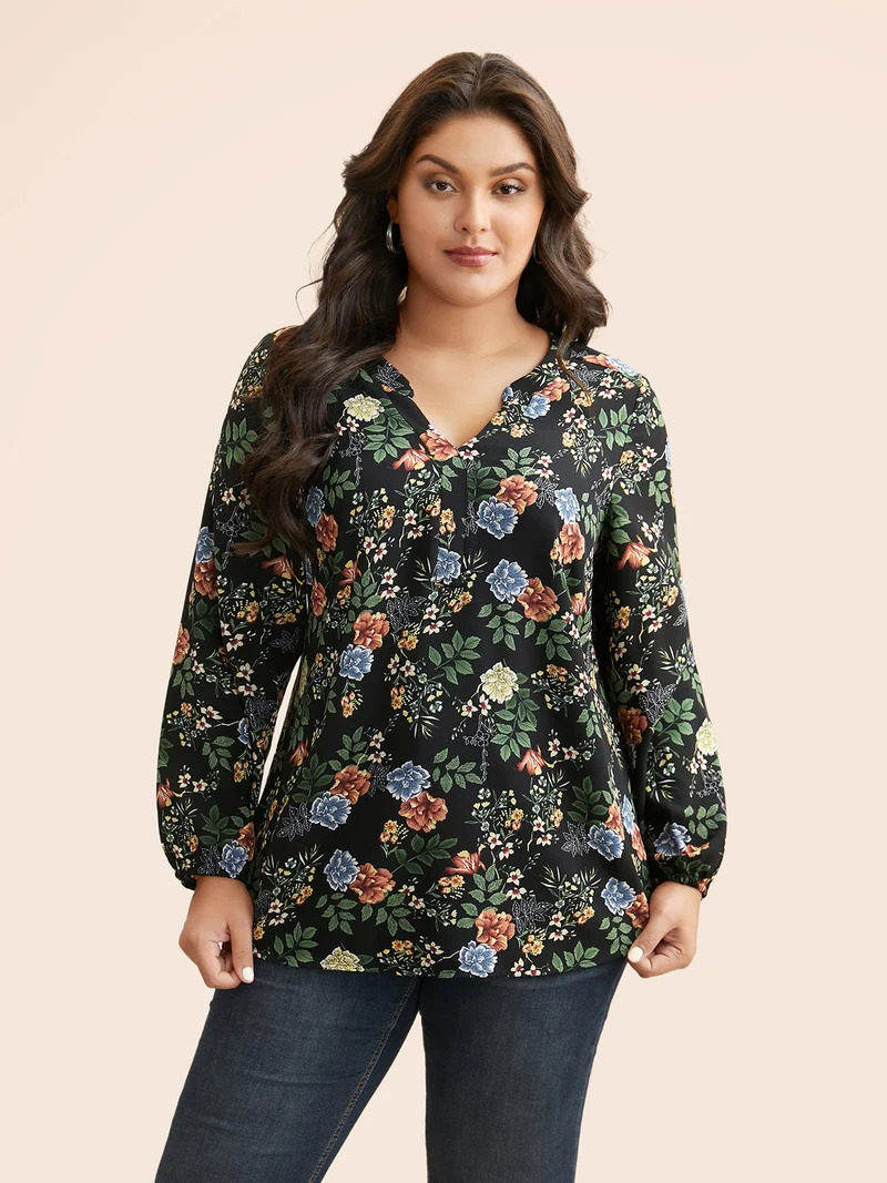 Floral Notched Pleated Lantern Sleeve Blouse
